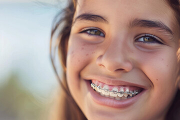 Wall Mural - smiling teenage hispanic girl with braces, close up portrait of latin teen, orthodontic treatment, blurred background