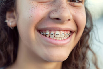 Wall Mural - smiling teenage hispanic girl with braces, close up portrait of latin teen, orthodontic treatment, blurred background