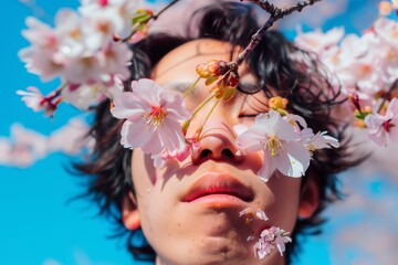 Canvas Print - portrait of a person with a cherry blossom stuck to their cheek