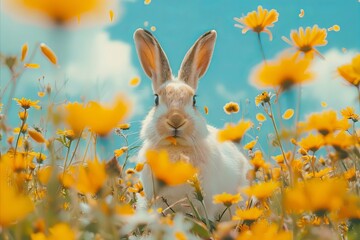 Wall Mural - Rabbit in Yellow Flowers Field