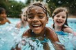 © igorfrost - group of diverse children in swimming pool with inflatable ring circles, smiling kids wearing swimwear at outdoor summer pool party portrait