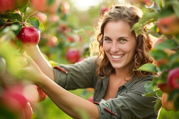 smiling lady picking apples in an orchard