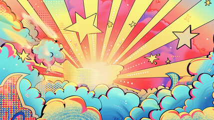 Wall Mural - A digital artwork that radiates with pastel rays, dotted with cartoon-style clouds and stars