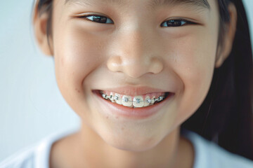 Wall Mural - smiling teenage asian girl with braces, close up portrait of asian teen, orthodontic treatment, blurred background