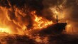 Fire on a cargo ship. A ship carrying liquefied gas is engulfed in flames. Explosion and fire on a gas carrier on the high seas. 3d rendering