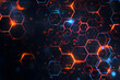 abstract geometric background in the form of neon hexagons and lights, orange hexagons on a futuristic dark background with glowing dots