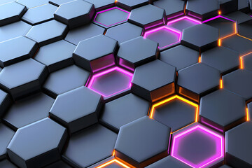 Wall Mural - abstract geometric background in the form of 3d dark hexagons and lights, futuristic hexagons with neon orange and purple light with glowing dots