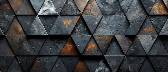 Wall Mural - Dark black and anthracite gray stone concrete mosaic tiles form a geometric pattern with fluted triangles. Textured wallpaper backdrop ideal for modern banners and backgrounds.