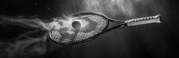 Tennis racket racquet isolated against a black background in black and white