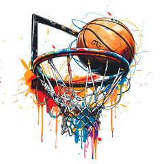 Wall Mural - Graffiti style drawing basketball ball in basket pattern background illustration with colorful doodle splashes, splatters. Isolated painted basketball ball on white background. Sports trendy design