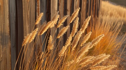 Wall Mural - golden hour light on wheat near a wooden fence