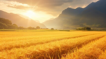 Wall Mural - sunrise casts a golden glow over a wheat field, with majestic mountains in the distance