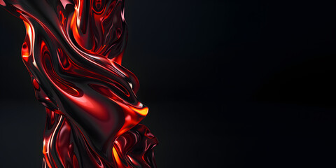Wall Mural - abstract 3D background in the form of a transparent red wave on a black background, liquid glass texture, red iridescent shiny wave