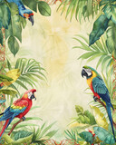 Fototapeta Sypialnia - Tropical foliage and colorful small parrots, estranged at the outer edge of the writing paper and stationery