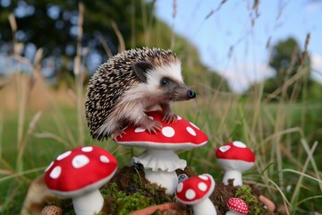 hedgehog on a soft toy mushroom patch