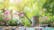 A rustic watering can tipping gently over a vibrant garden bed of blooming pink flowers and lush greenery.