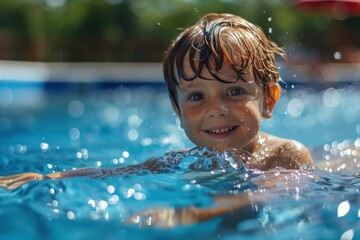 Wall Mural - Happy kid boy playing in the pool on a hot summer day