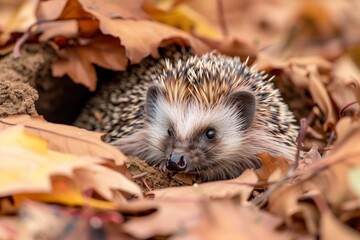 Sticker - hedgehog nestled in a leafcovered burrow