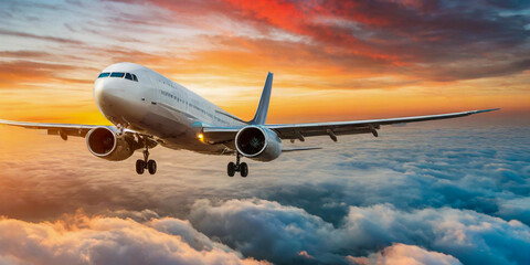 Commercial airplane fly in orange dramatic clouds sunrise sunset in summer