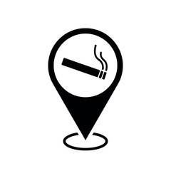 Wall Mural - smoking area location map pointer, cigarette icon with location pin, black symbol isolated on white background, vector marker, smoking zone sign