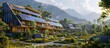 Solar energy technologies powering an eco-friendly hotel with regenerative electricity, while mountains and forests surround the property.