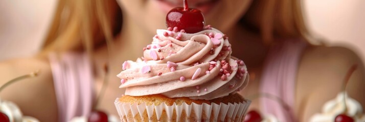 Wall Mural - Woman and tasty cupcake with cherry on beige background 