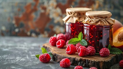 Poster - Raspberry jam with berry on light background.  