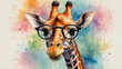 © Kevin - a whimsical illustration of a giraffe with large, soulful eyes wearing round, black-framed glasses, set against a vibrant backdrop splattered with an array of colorful paint drops