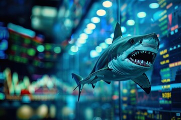 A shark in a trading floor aquarium, embodying aggression and dominance in financial markets