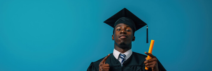 Wall Mural - International Student's Day, world, portrait of a beautiful African-American guy student in a red academic cap, with a diploma in his hands, horizontal banner, blue background, copy space for text