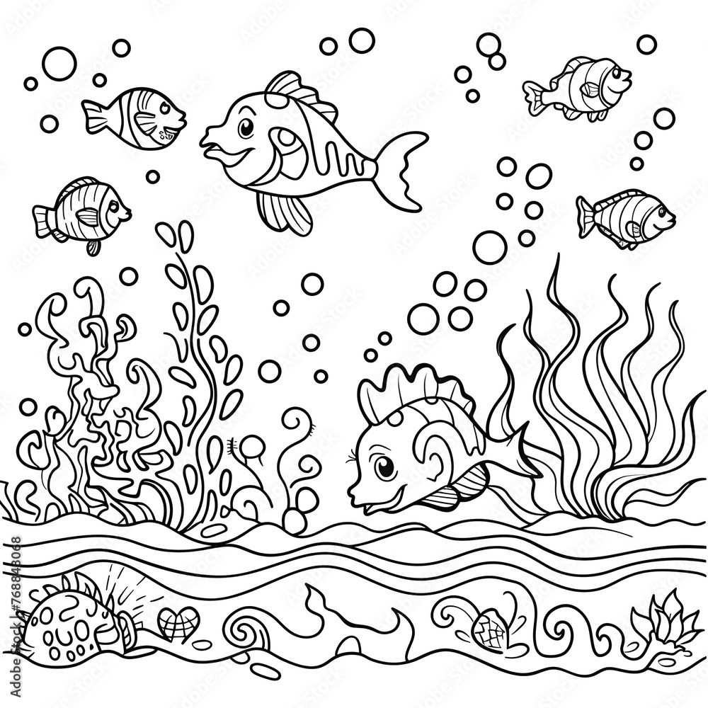Underwater marine life kids coloring book page design. Cartoon vector ...