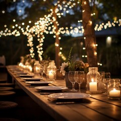 An outdoor table set up for a dinner party with candles and lights