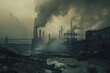 dystopian climate change landscape, smoke, industrial background, power plant