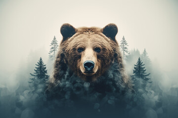 Wall Mural - 	
Minimal style double exposure with a bear and misty mountains	
