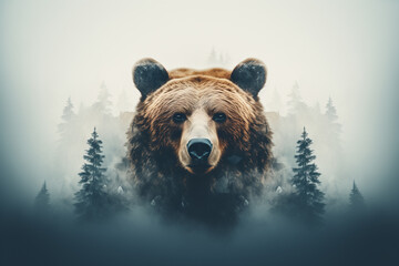 Wall Mural - 	
Minimal style double exposure with a bear and misty mountains	
