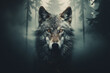 Generative AI of a wolf and foggy forest. Double exposure style. 