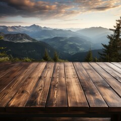 Wall Mural - An empty wooden table with a mountain landscape in the background