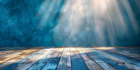 Wall Mural - Abstract blurred background with blue wall and wooden floor with light rays of sunlight, Abstract light in a dark empty room with smoke, banner