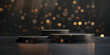 Golden color podium on a brown background with rays of light and bright glitter, 3d podium products presentation 3d rendering background, A podium plinth or platform illuminated by spotlights.


