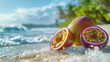 Delicious juicy passion fruit on the ocean shore
