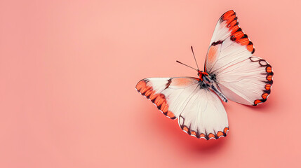 beautiful butterfly on pink isolated background, copy space