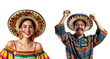 Celebrating Cinco de Mayo with set of Mexican man and woman in Mexican hat and traditional clothes, Isolated on Transparent Background, PNG