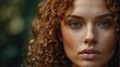Close-up portrait of a beautiful young woman with curly red hair