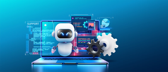 Poster - An engaging image of a robot AI assistant offering support, depicted with floating gears and a high-tech laptop interface. Bot with digital tablet near gears and messages. Vector illustration