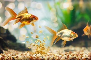 Sticker - goldfish swimming towards flakes in a tank