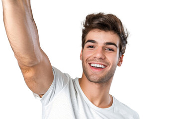 Wall Mural - Portrait of beautiful handsome man taking selfie posing with smile and attractive focus look, isolated on transparent png background.