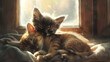 These adorable kittens are cuddled together, enjoying a peaceful sleep in a sunlit room, conveying comfort and love