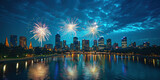 Fototapeta  - Vibrant and colorful fireworks lighting up the night sky over the beautiful city of Melbourne, Australia in a stunning celebration