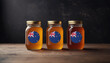 Collection of jars of different types of honey with flag New Zealand. Concept export and import honey.