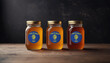 Collection of jars of different types of honey with flag Oregon. Concept export and import honey.
